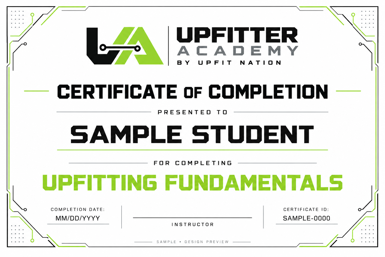 Sample Upfitter Academy certificate of completion design